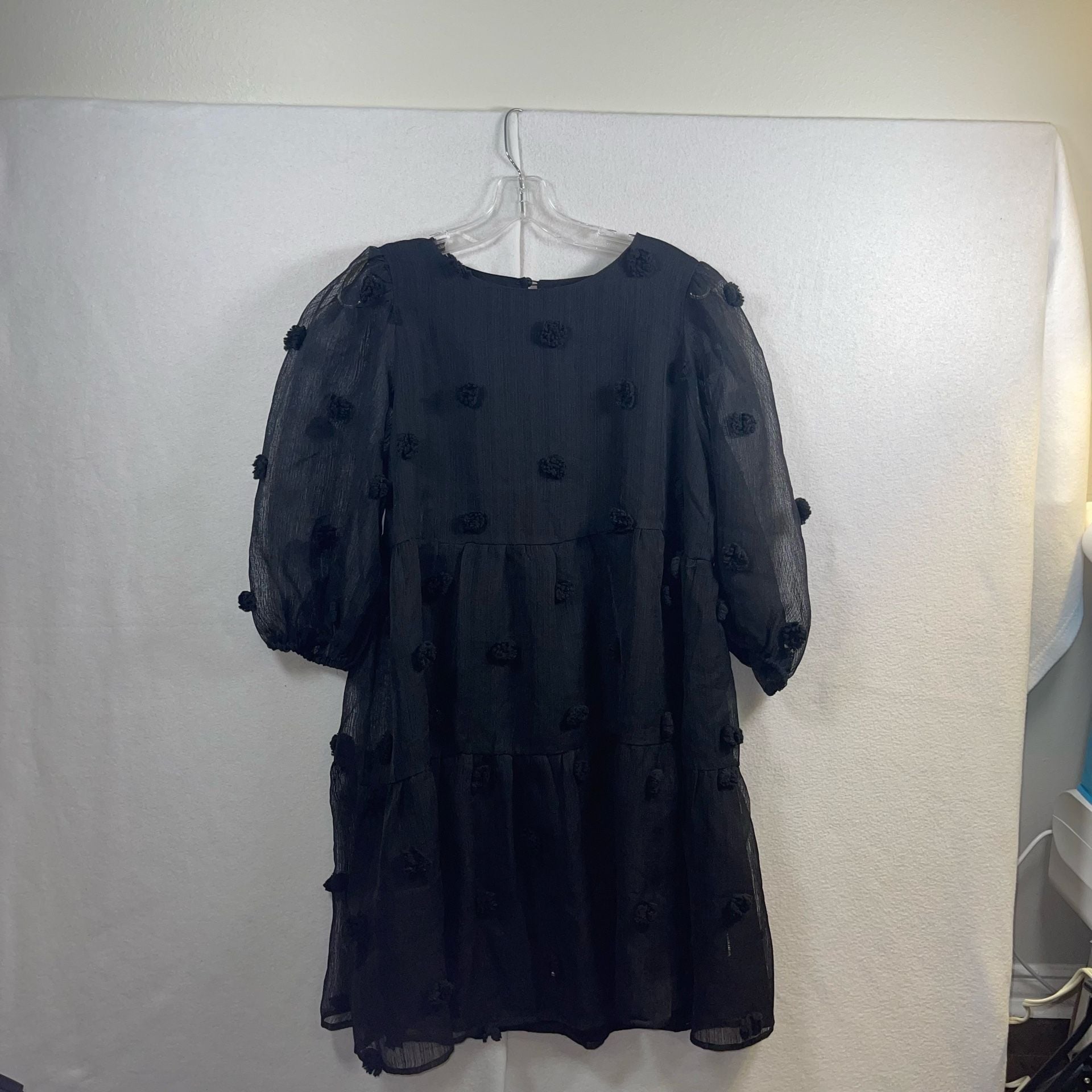 Mittoshop Black Pom Pom Tiered Puff Sleeve Dress Size M 2