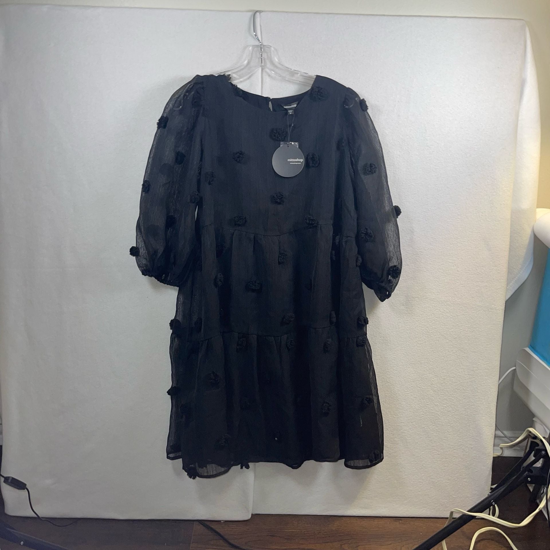 Mittoshop Black Pom Pom Tiered Puff Sleeve Dress Size M 3
