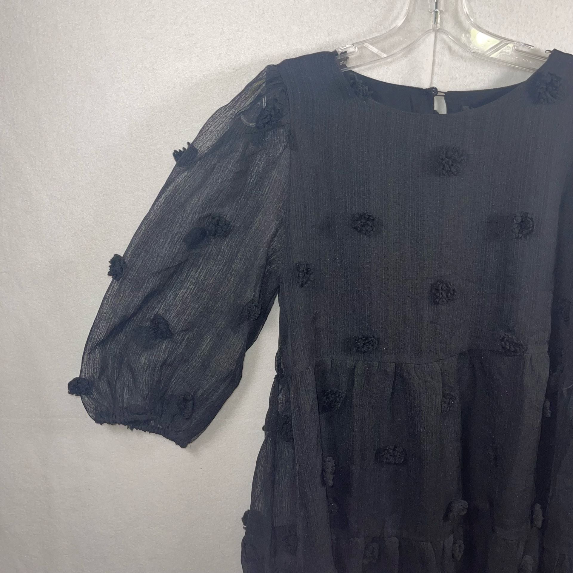 Mittoshop Black Pom Pom Tiered Puff Sleeve Dress Size M 8