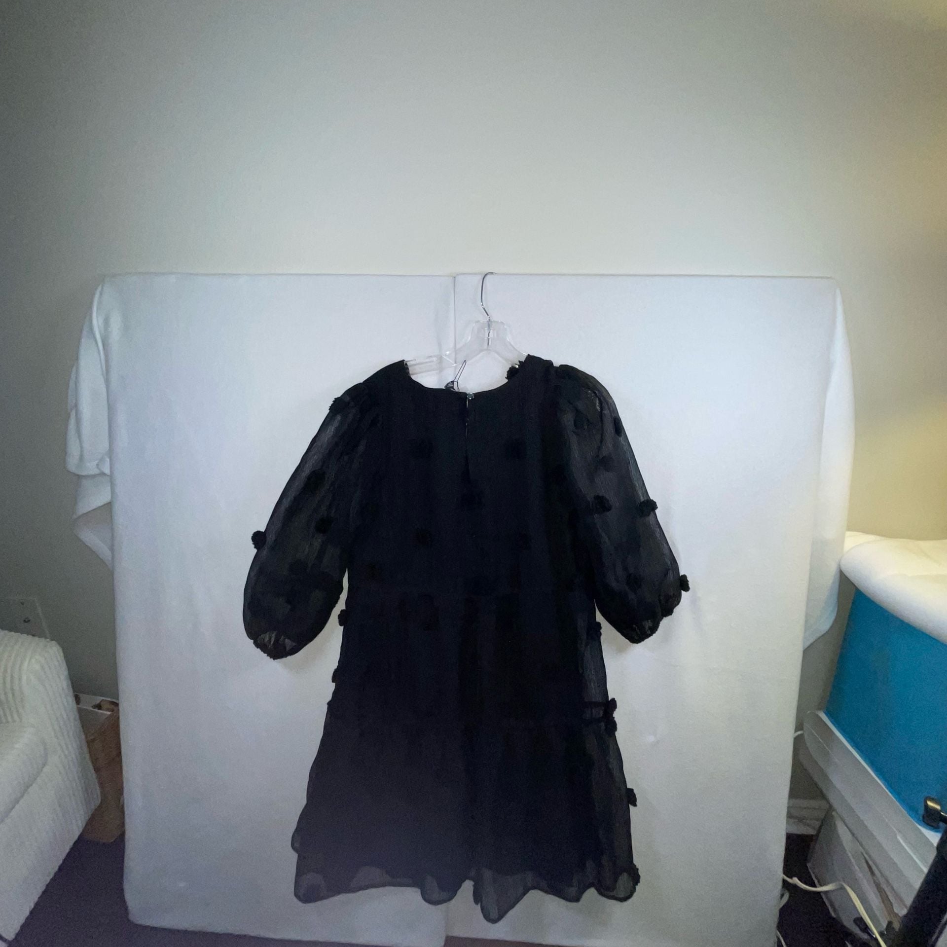 Mittoshop Black Pom Pom Tiered Puff Sleeve Dress Size M 13