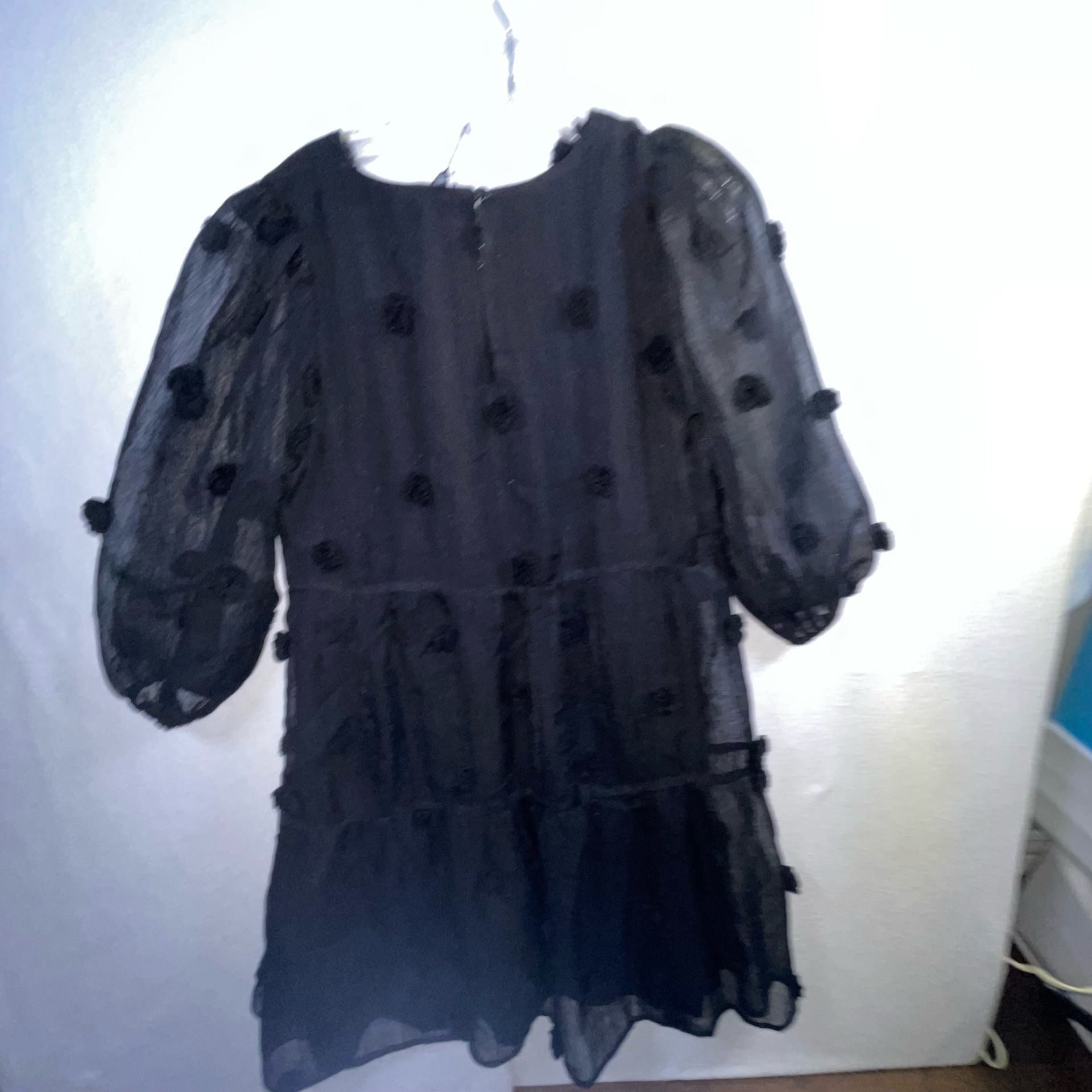 Mittoshop Black Pom Pom Tiered Puff Sleeve Dress Size M 14