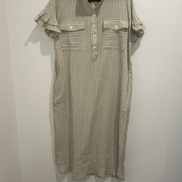 Maison Anana Striped Ruffle Sleeve Henly Midi Shirtdress