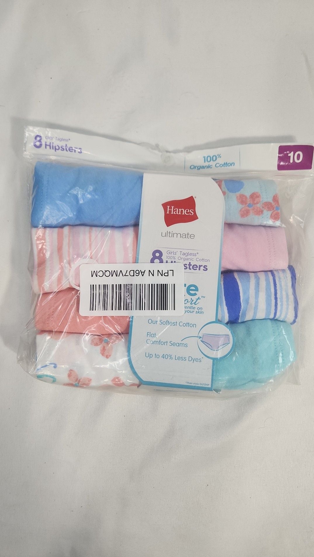 Hanes Ultimate Girls' Tagless Organic Cotton Hipsters Size 10, 8-Pack 1