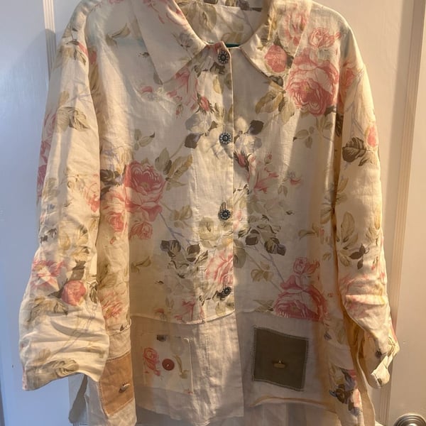 Vintage Surrealist Floral Linen Patchwork Button-Down Shirt