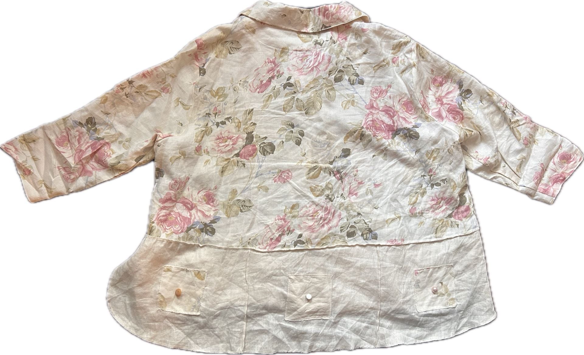 Vintage Surrealist Floral Linen Patchwork Button-Down Shirt 12