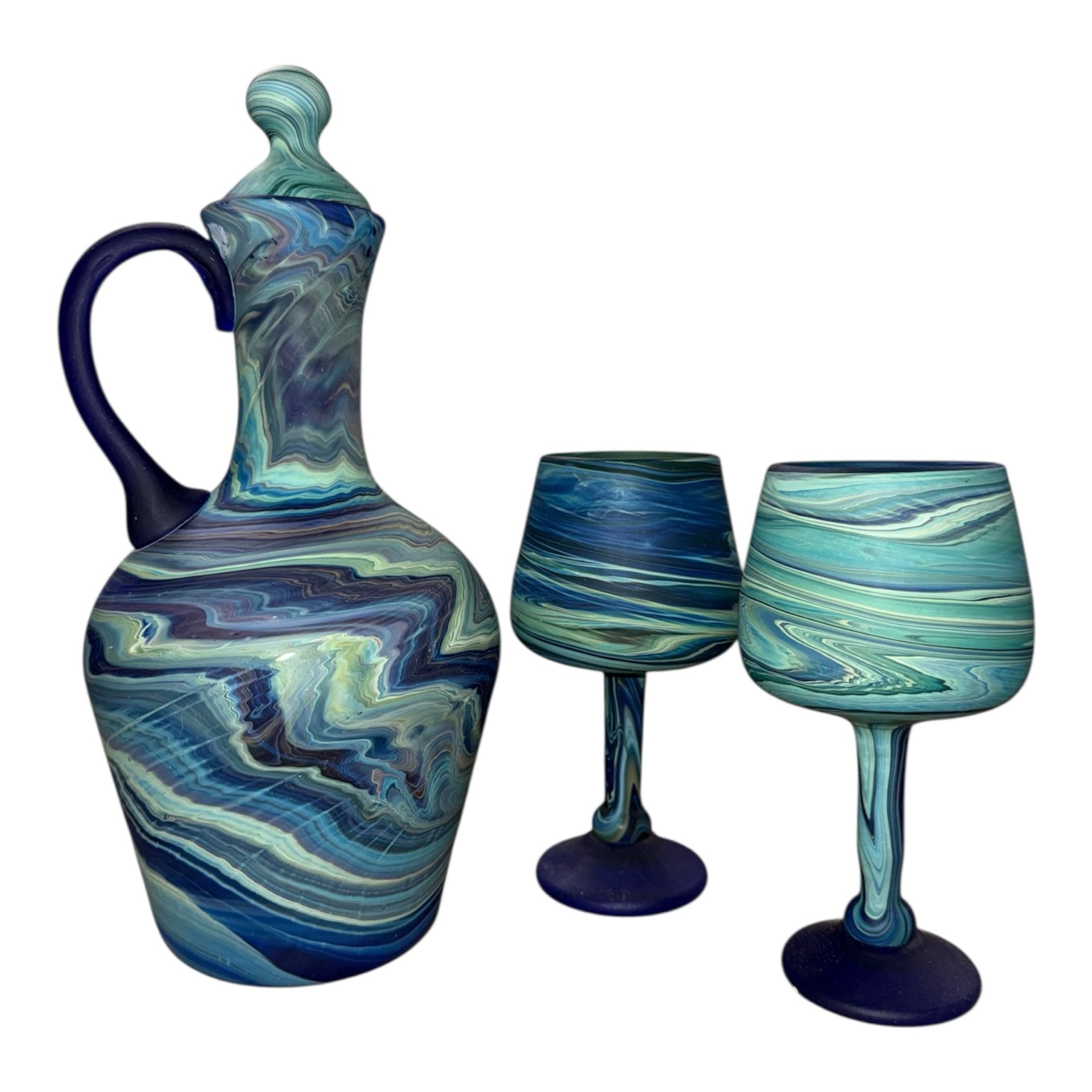 Vintage Hand Blown Swirl Art Glass Decanter and Two Goblet Set 1