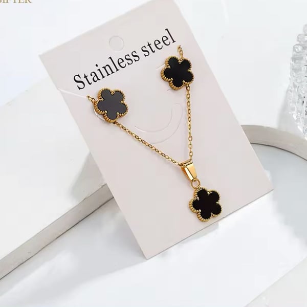 FGIFTER Stainless Steel Black Clover Necklace and Earring Jewelry Set