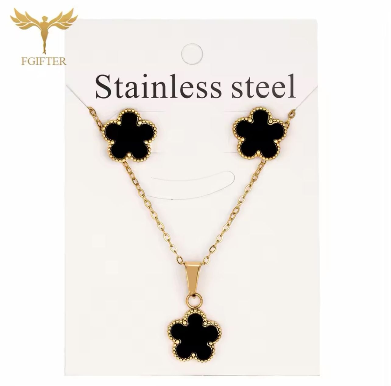 FGIFTER Stainless Steel Black Clover Necklace and Earring Jewelry Set 3