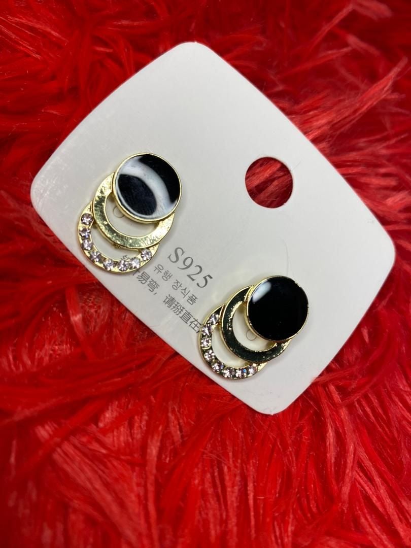 S925 Gold-Tone Triple Circle Stud Earrings with Black Enamel and Crystals 2