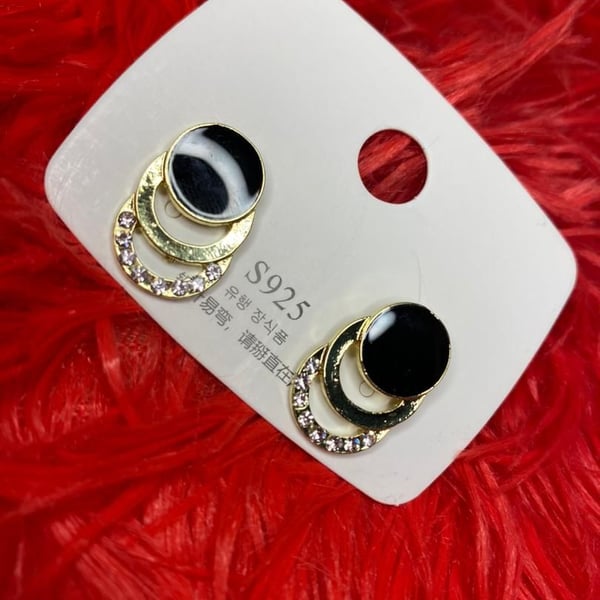 S925 Gold-Tone Triple Circle Stud Earrings with Black Enamel and Crystals