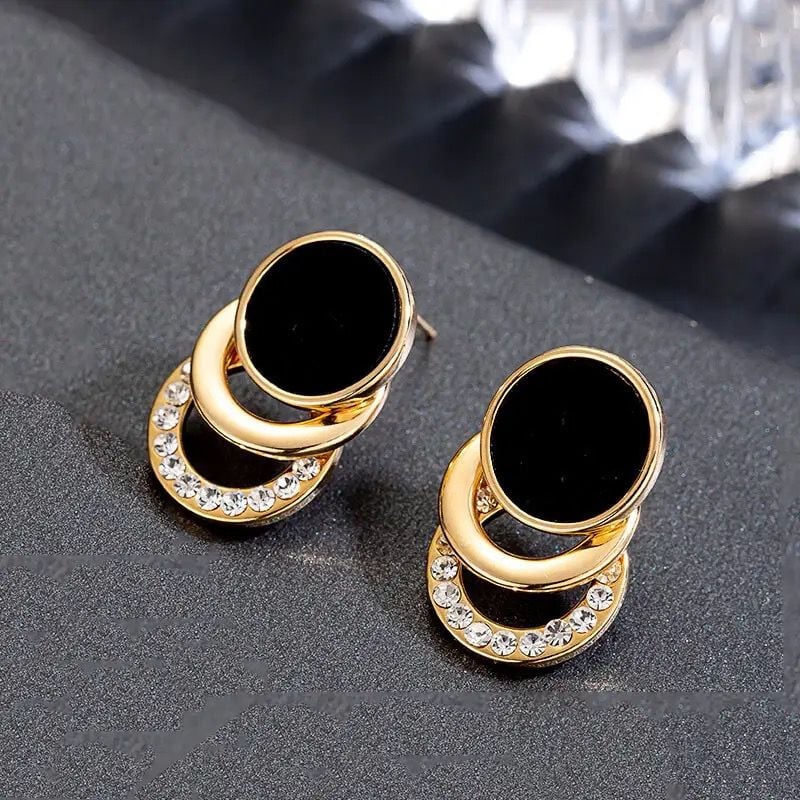 S925 Gold-Tone Triple Circle Stud Earrings with Black Enamel and Crystals 3