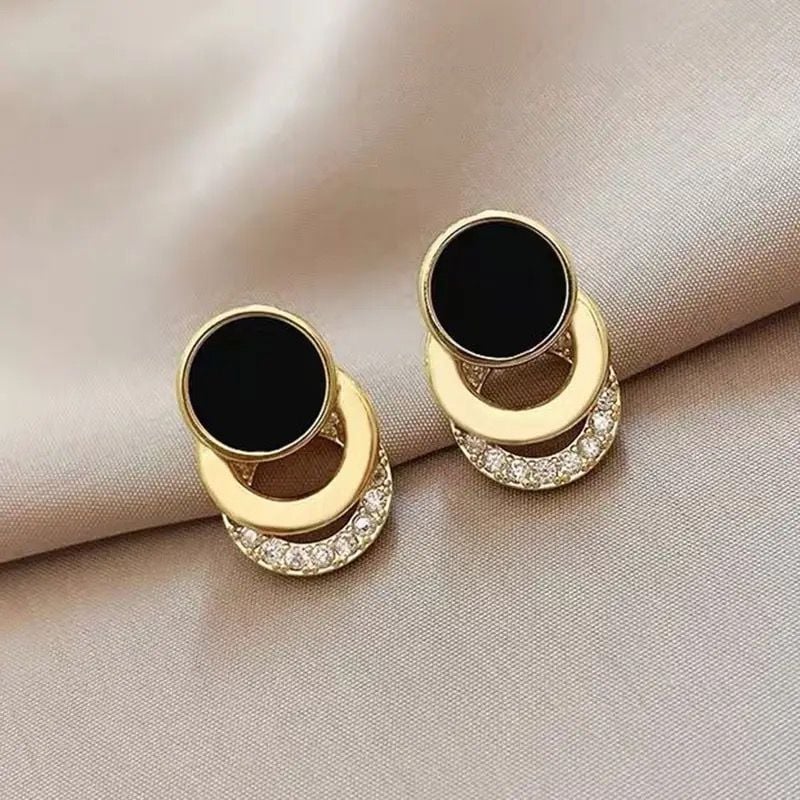 S925 Gold-Tone Triple Circle Stud Earrings with Black Enamel and Crystals 4