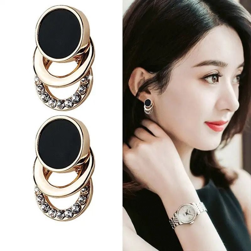 S925 Gold-Tone Triple Circle Stud Earrings with Black Enamel and Crystals 5