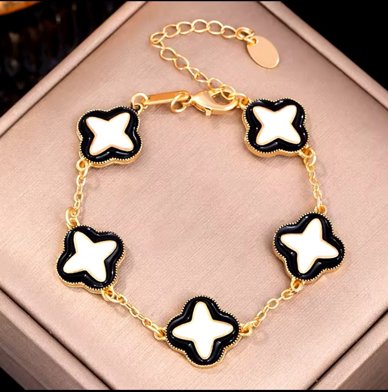 Gold-Tone Clover Motif Bracelet with Black and White Enamel 2