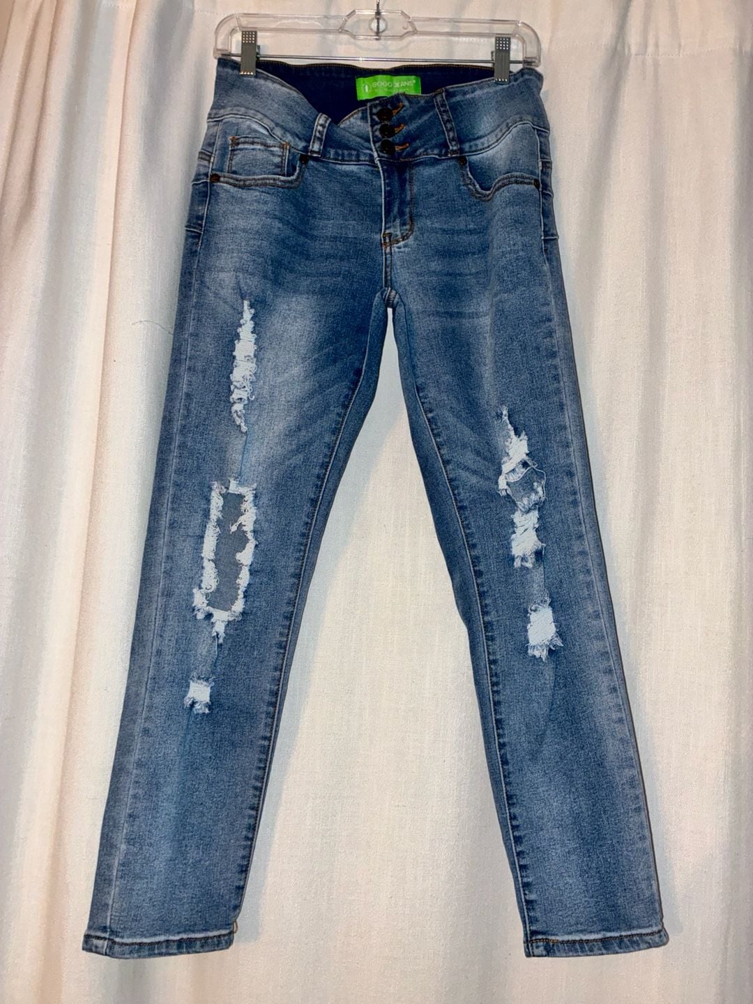 Gogo Jeans Women's Distressed High-Rise Triple Button Skinny Jeans Size 11/30 2