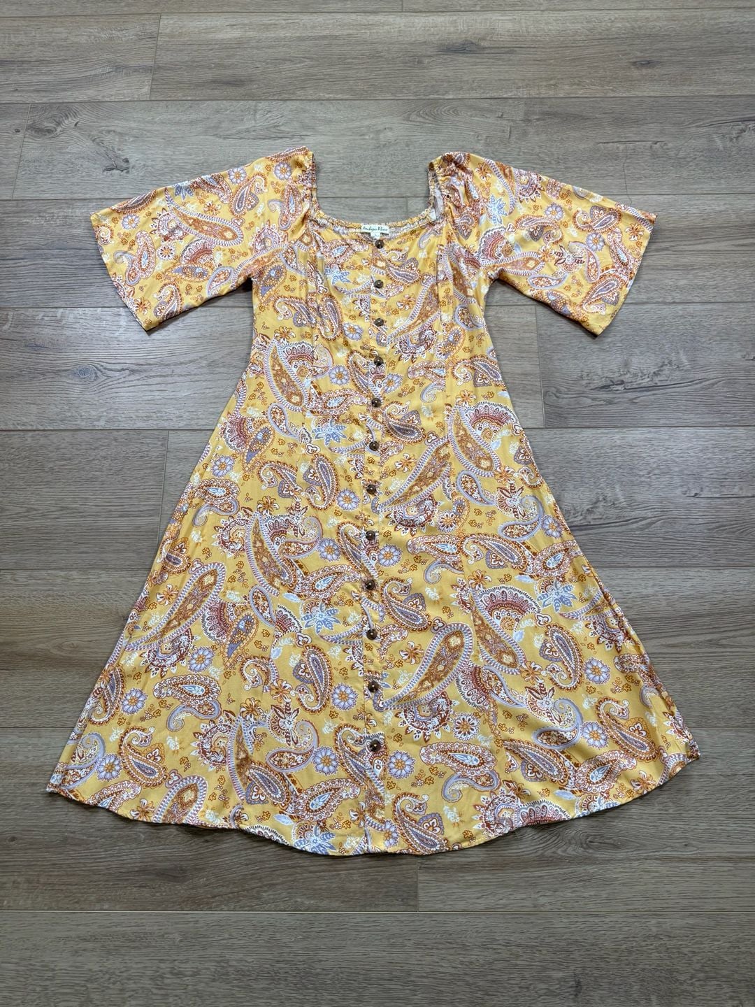 Indigo Rose Yellow Paisley Button-Front Boho Dress Size Large 3