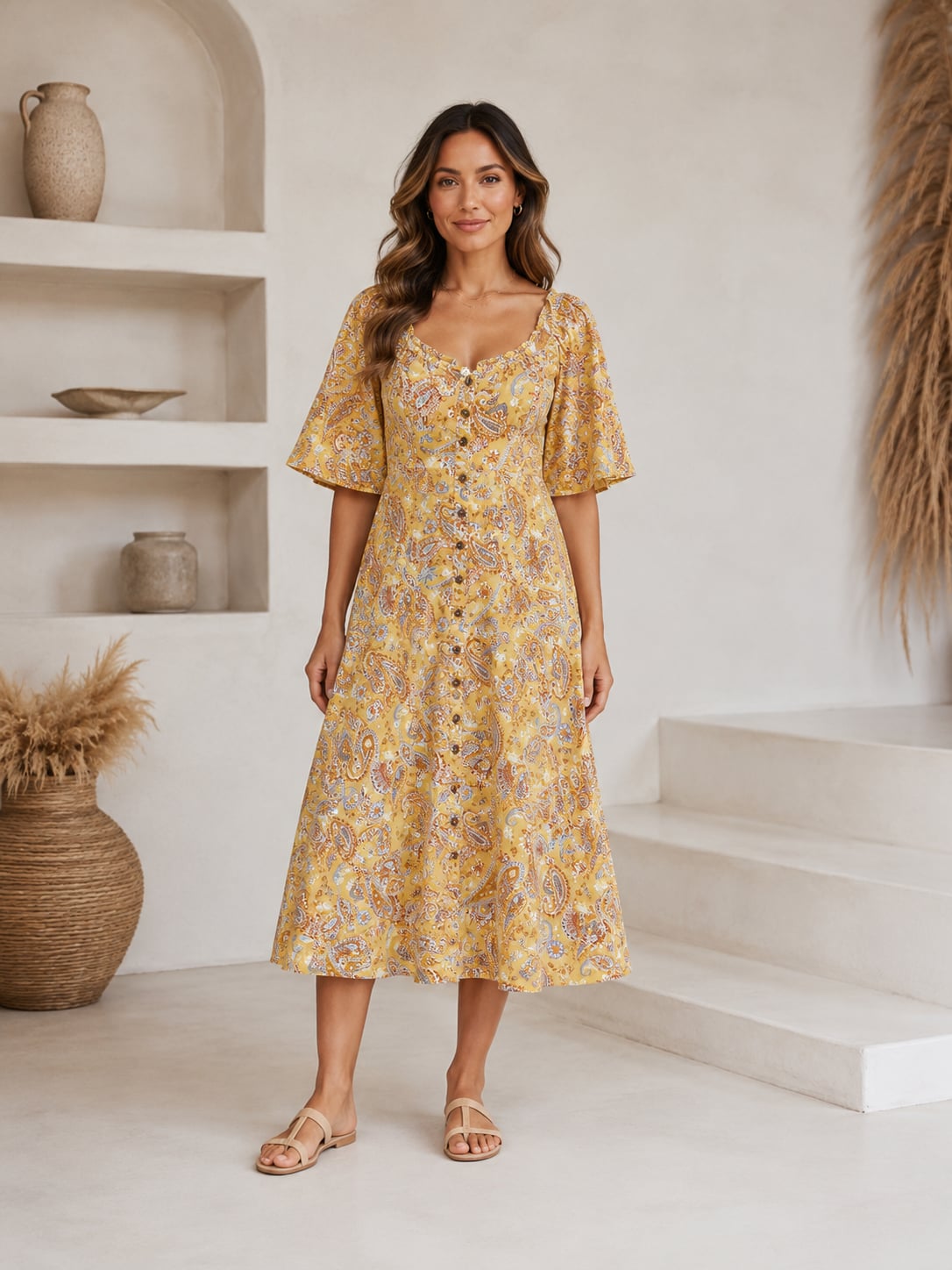 Indigo Rose Yellow Paisley Button-Front Boho Dress Size Large 2