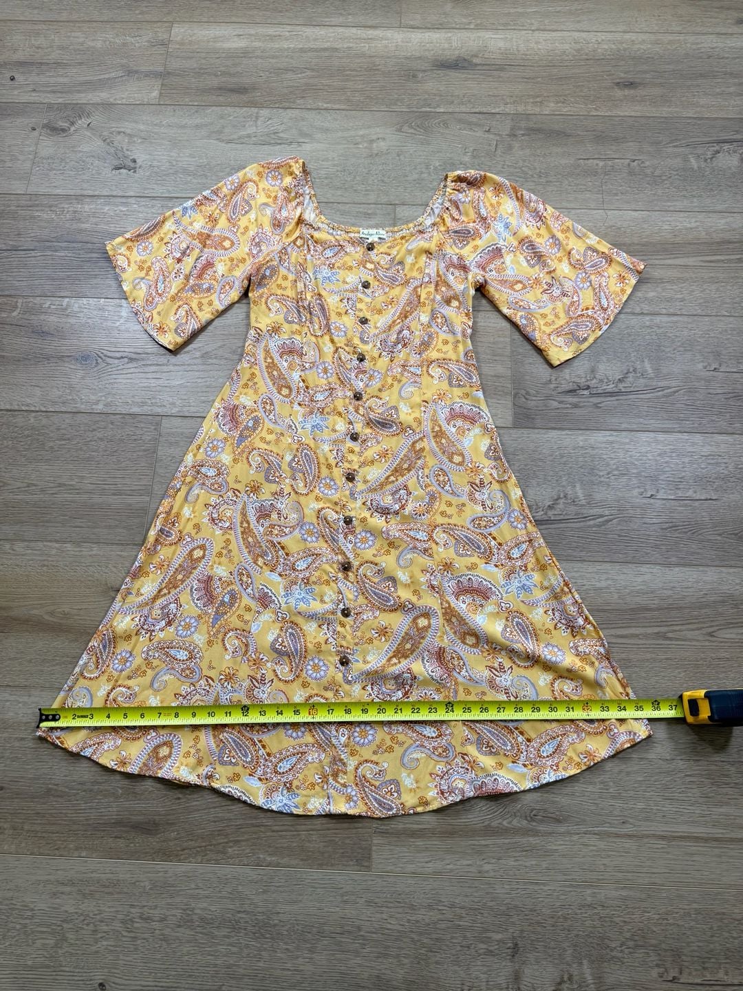 Indigo Rose Yellow Paisley Button-Front Boho Dress Size Large 9