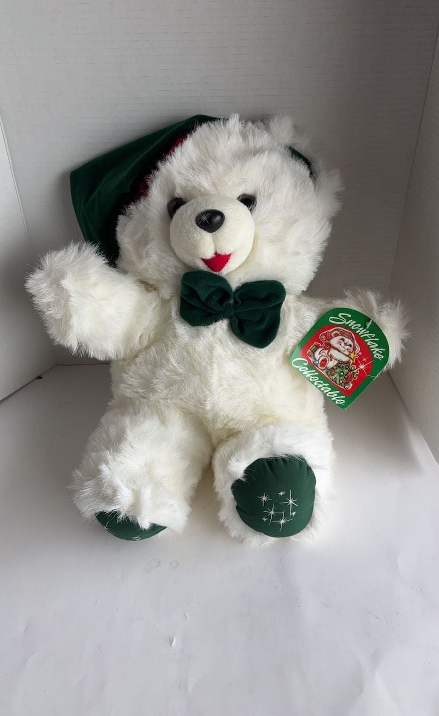 Snowflake Collectable Christmas White Bear with Green Hat and Bow 1990 Vintage 1