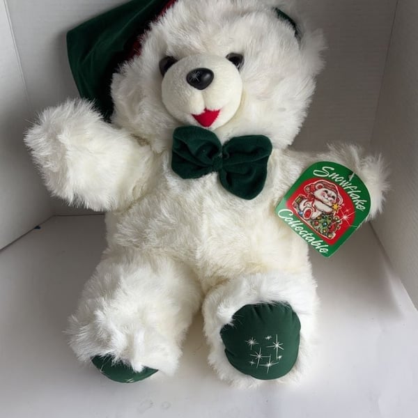 Snowflake Collectable Christmas White Bear with Green Hat and Bow 1990 Vintage 