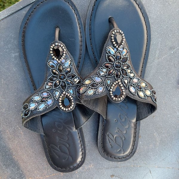 Brighton Women's Embellished Leather Thong Sandals Black Size 6