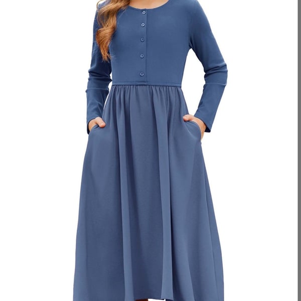 GRACE KARIN Girls Long Sleeve Maxi Dress Size 12 Navy Blue Casual Formal Party Dress