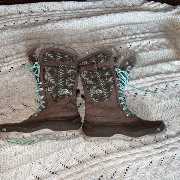 North Face Women Wool Knit + Leather Snow Outdoor Tall Boots Multicolor Brown 6
