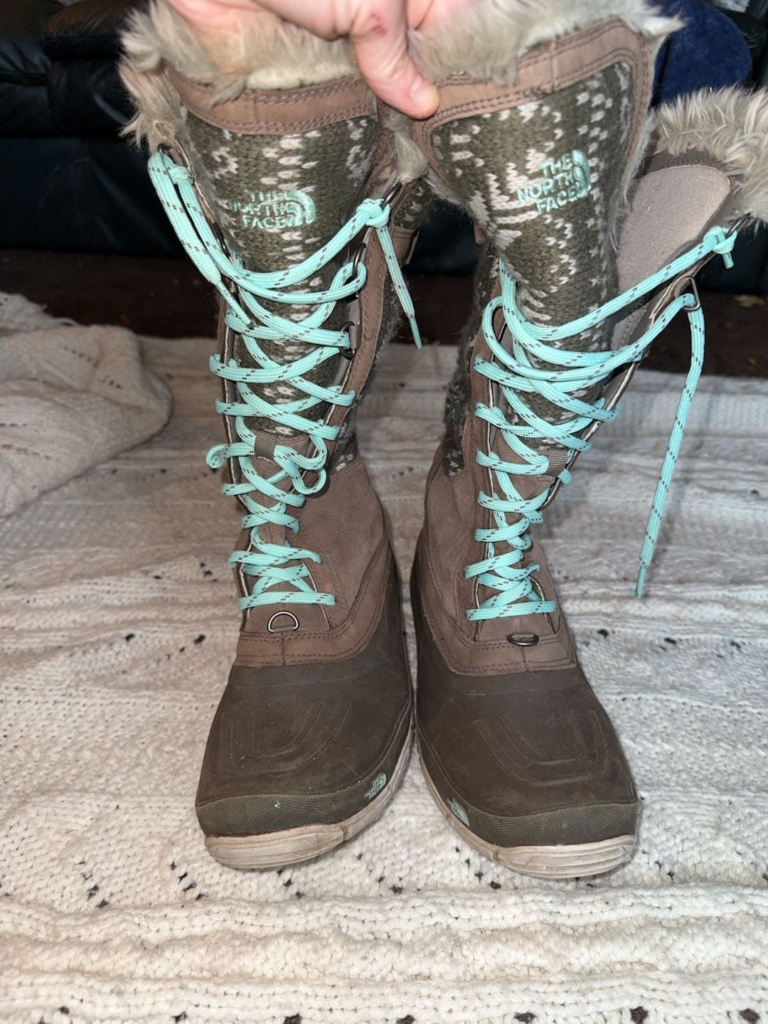 North Face Women Wool Knit + Leather Snow Outdoor Tall Boots Multicolor Brown 6 12
