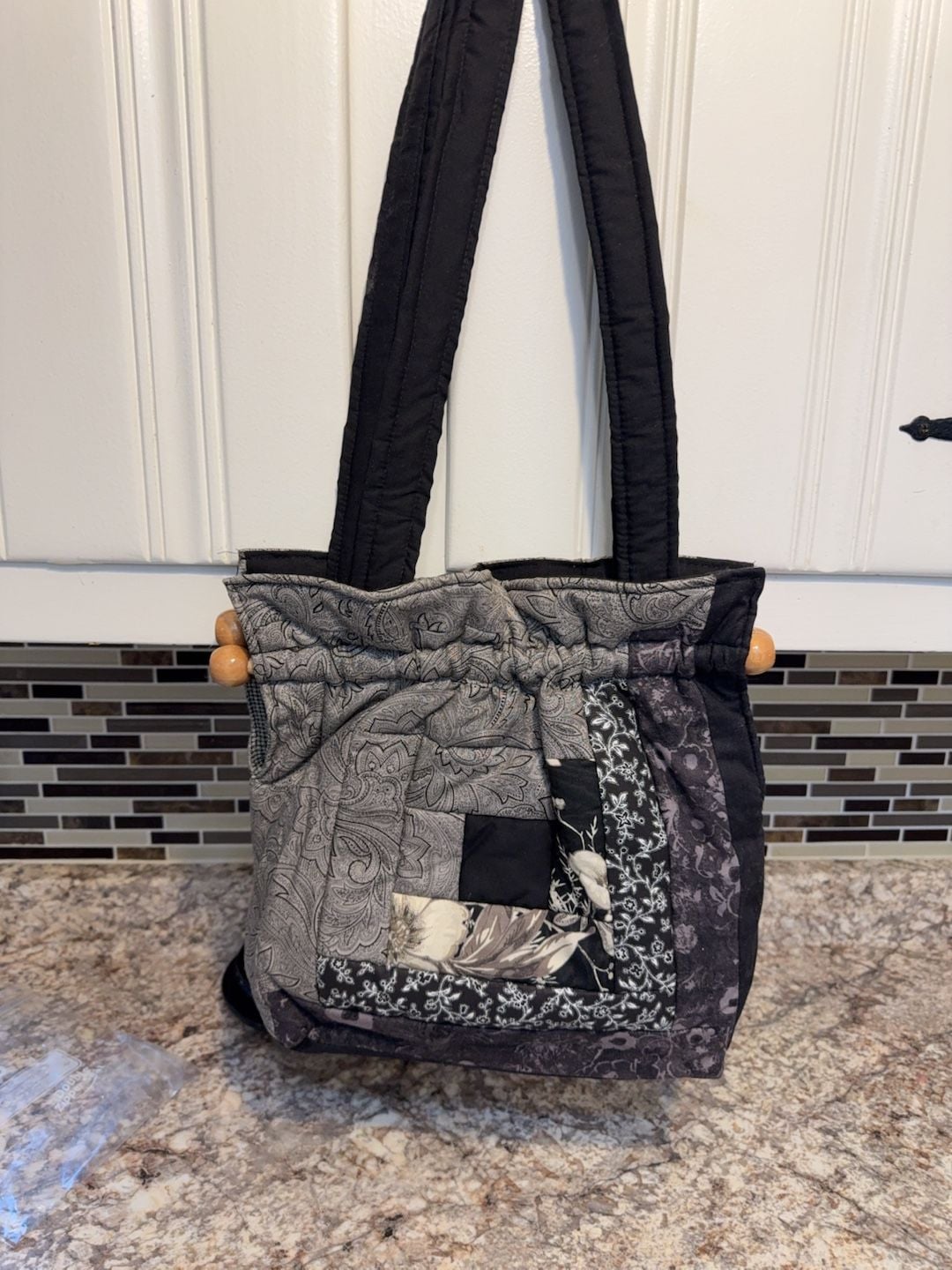 Handmade Quilted Patchwork Tote Bag with Wooden Bead Accents 2