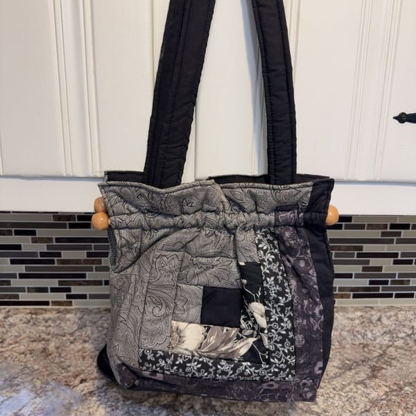 Handmade Quilted Patchwork Tote Bag with Wooden Bead Accents