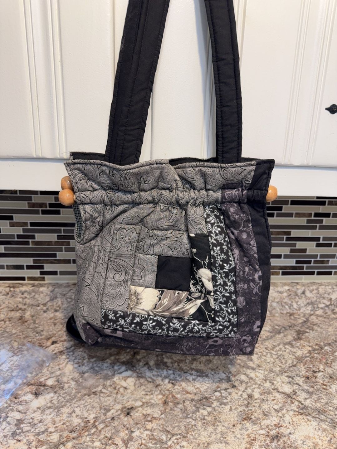 Handmade Quilted Patchwork Tote Bag with Wooden Bead Accents 3