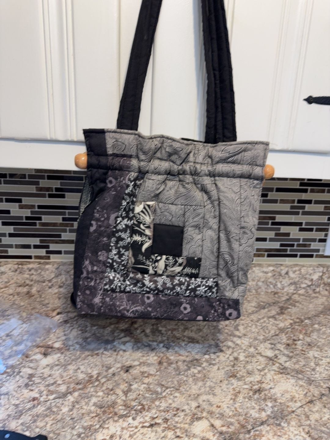 Handmade Quilted Patchwork Tote Bag with Wooden Bead Accents 4