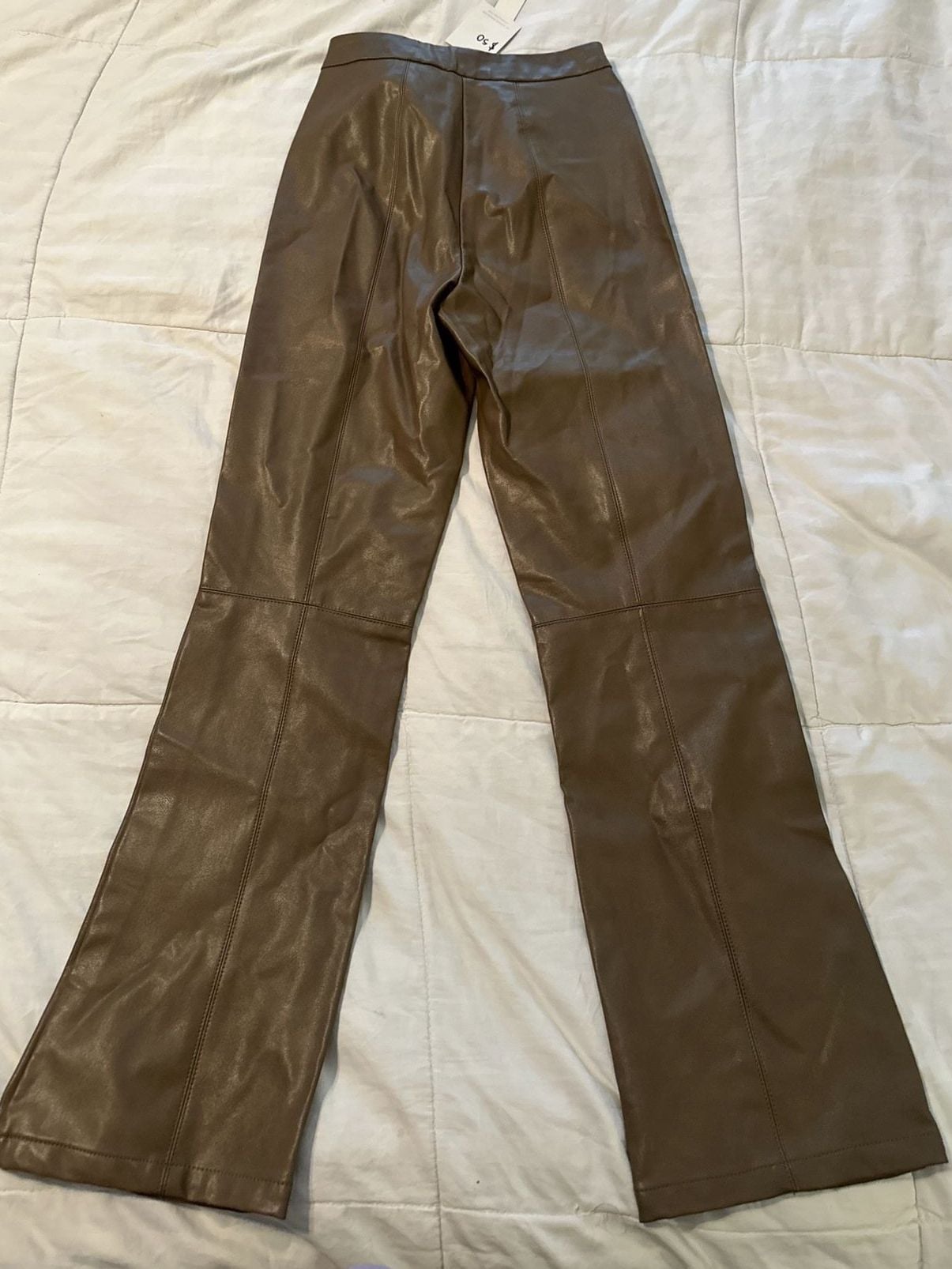 Papermoon Faux Leather Pants Womens S Brown High Rise Flare Y2K Split Hem NWT 10