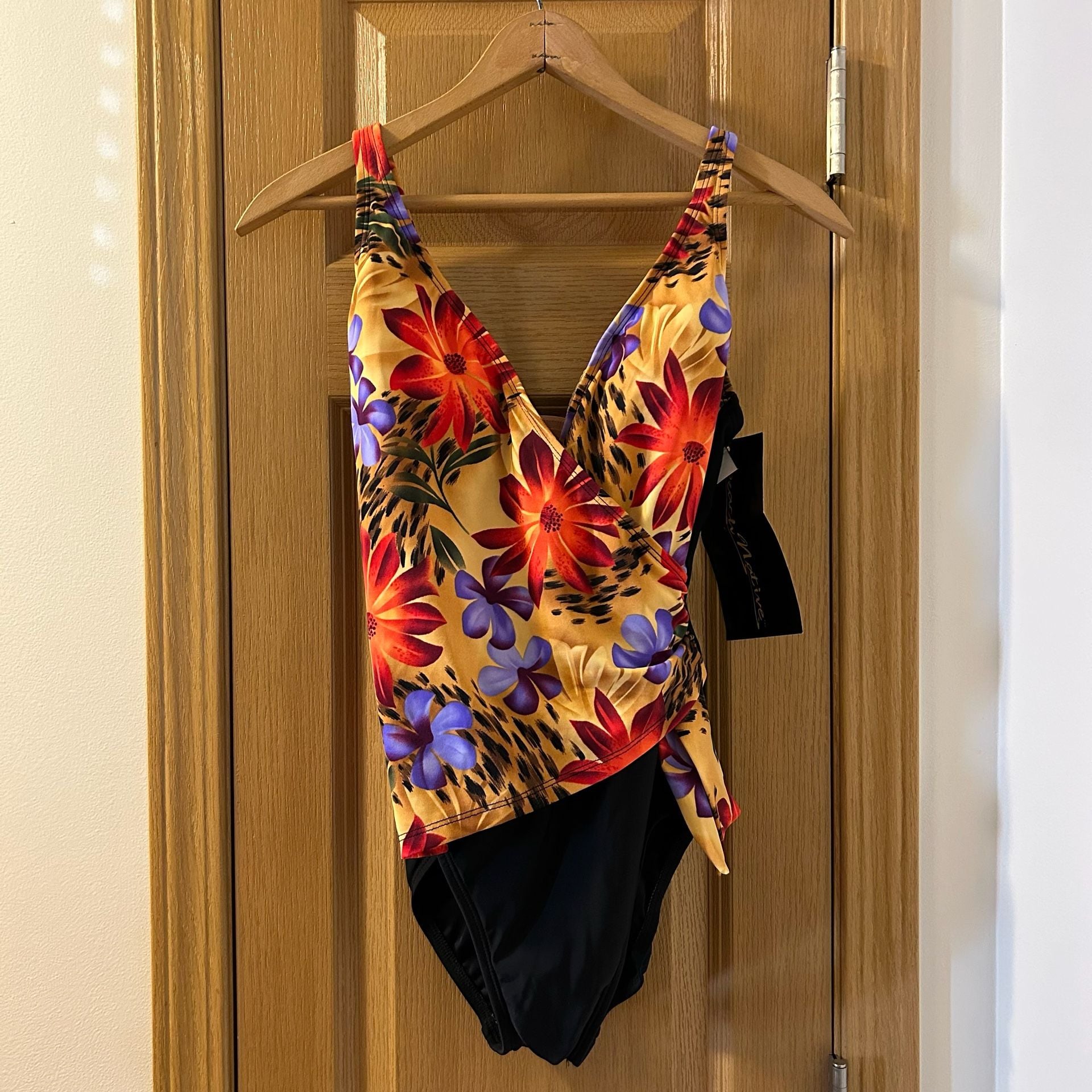 Beach Native Floral Animal Print Wrap One-Piece Swimsuit Size 12 1