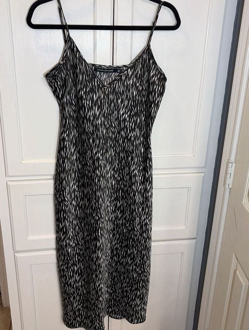 Calvin Klein Jeans Black White Animal Print Satin Slip Midi Dress LRG Timeless 3