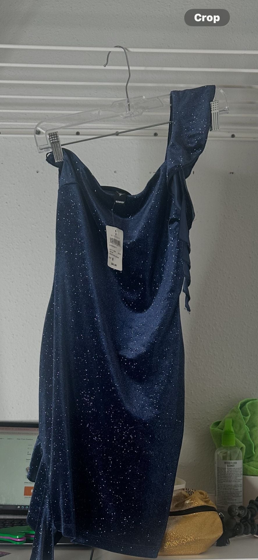 Windsor Navy Blue Glitter One-Shoulder Ruffle Dress Size S 2