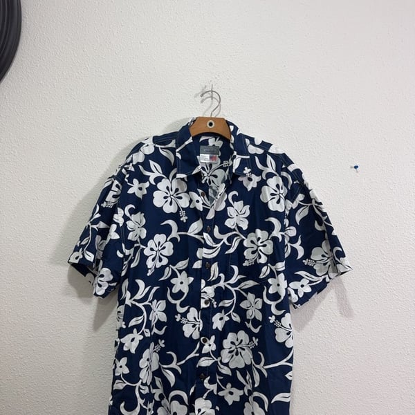 High Seas Mens 2XL Blue White Floral Hawaii Print Short Sleeve Button Down Shirt