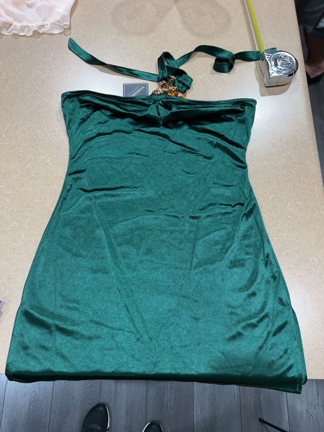 Yodnbu Emerald Green Satin Halter Mini Dress with Tortoise Ring Detail. 3