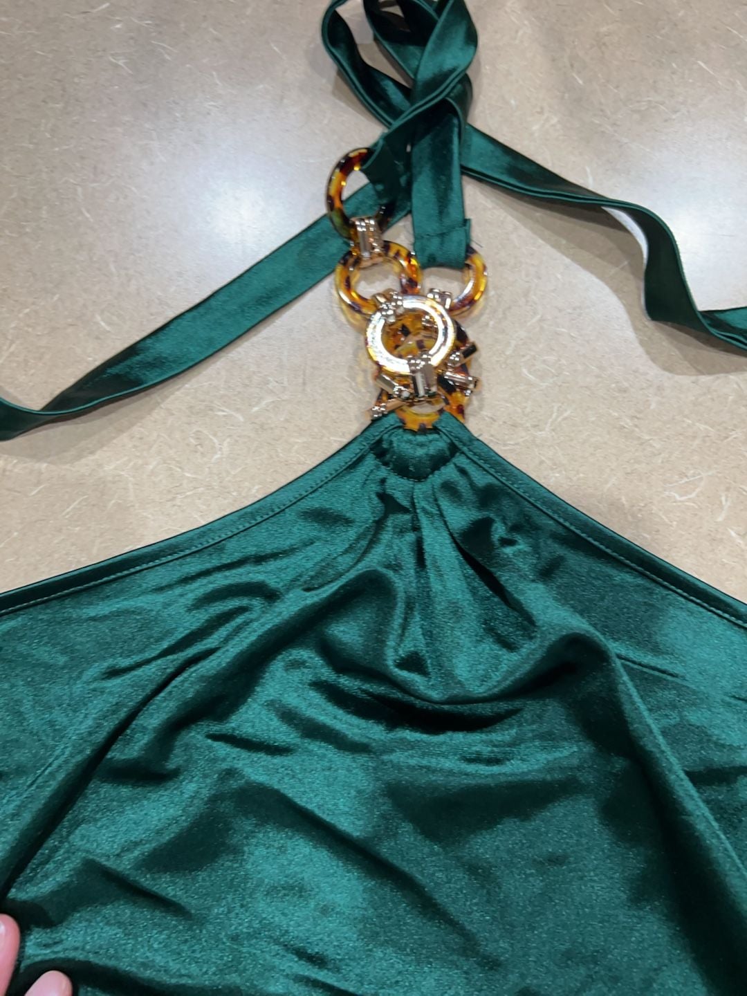 Yodnbu Emerald Green Satin Halter Mini Dress with Tortoise Ring Detail. 4