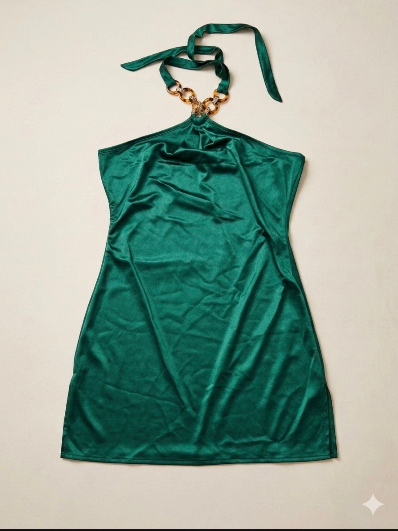 Yodnbu Emerald Green Satin Halter Mini Dress with Tortoise Ring Detail. 2