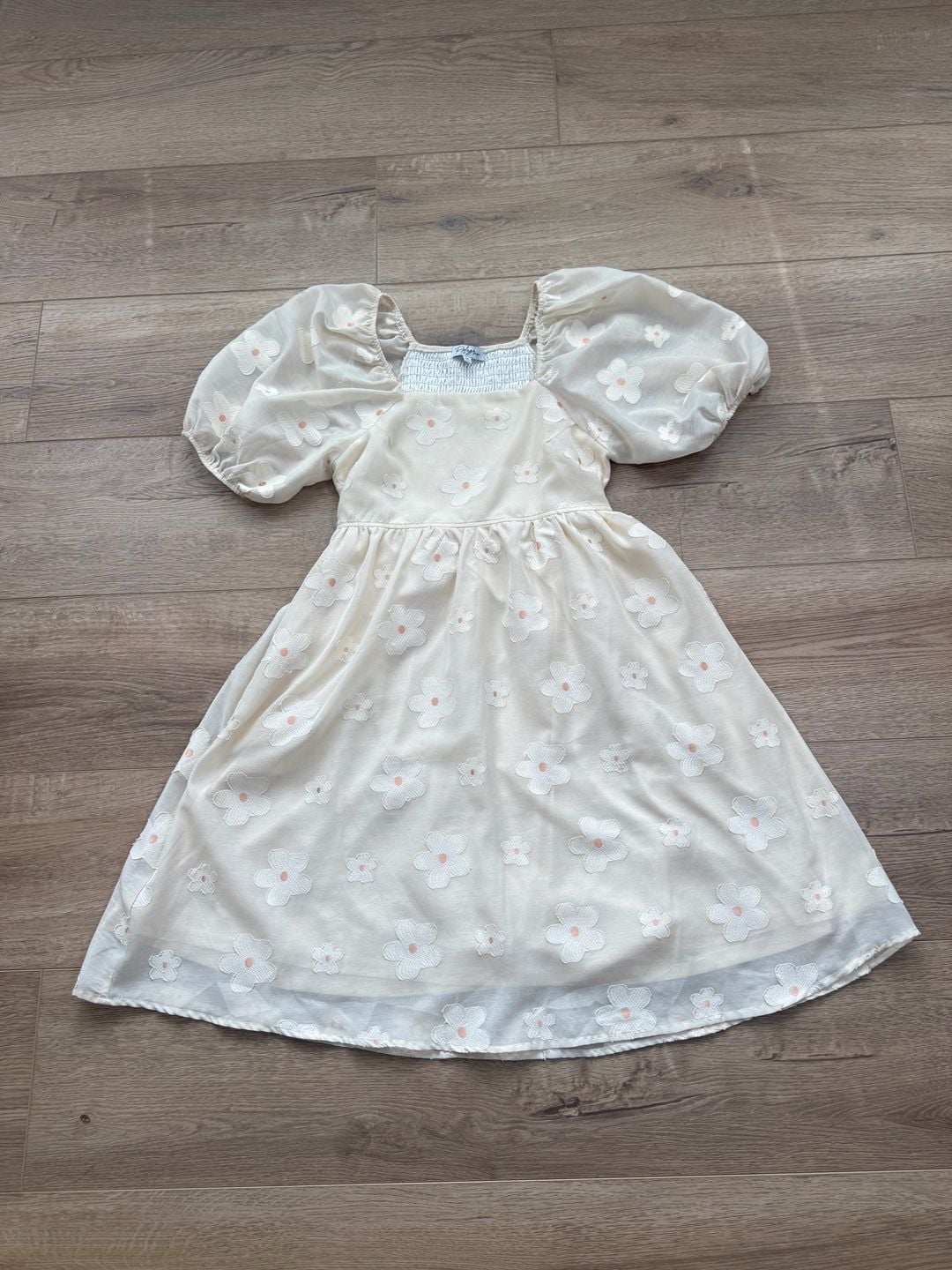 Polagram Cream Embroidered Floral Puff Sleeve Babydoll Dress Size M 3