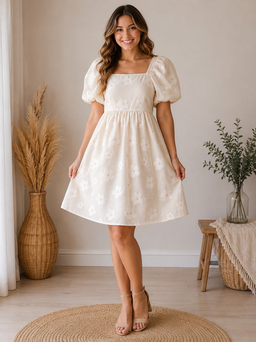Polagram Cream Embroidered Floral Puff Sleeve Babydoll Dress Size M 2