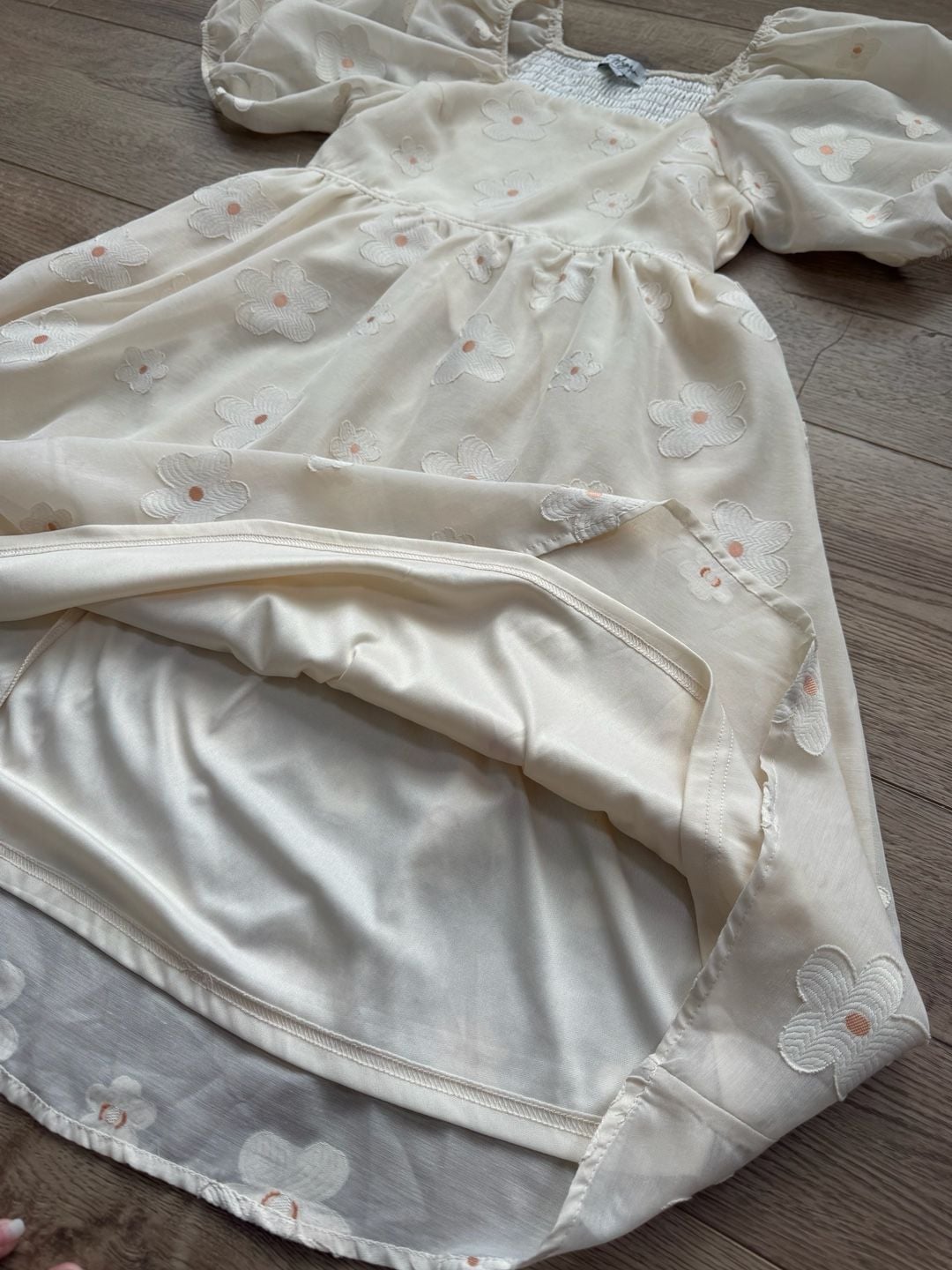 Polagram Cream Embroidered Floral Puff Sleeve Babydoll Dress Size M 5