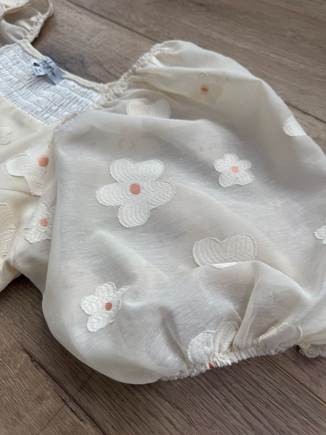 Polagram Cream Embroidered Floral Puff Sleeve Babydoll Dress Size M 6