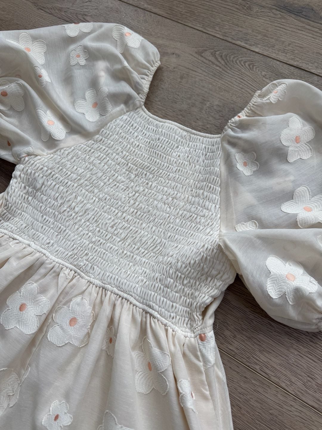 Polagram Cream Embroidered Floral Puff Sleeve Babydoll Dress Size M 7