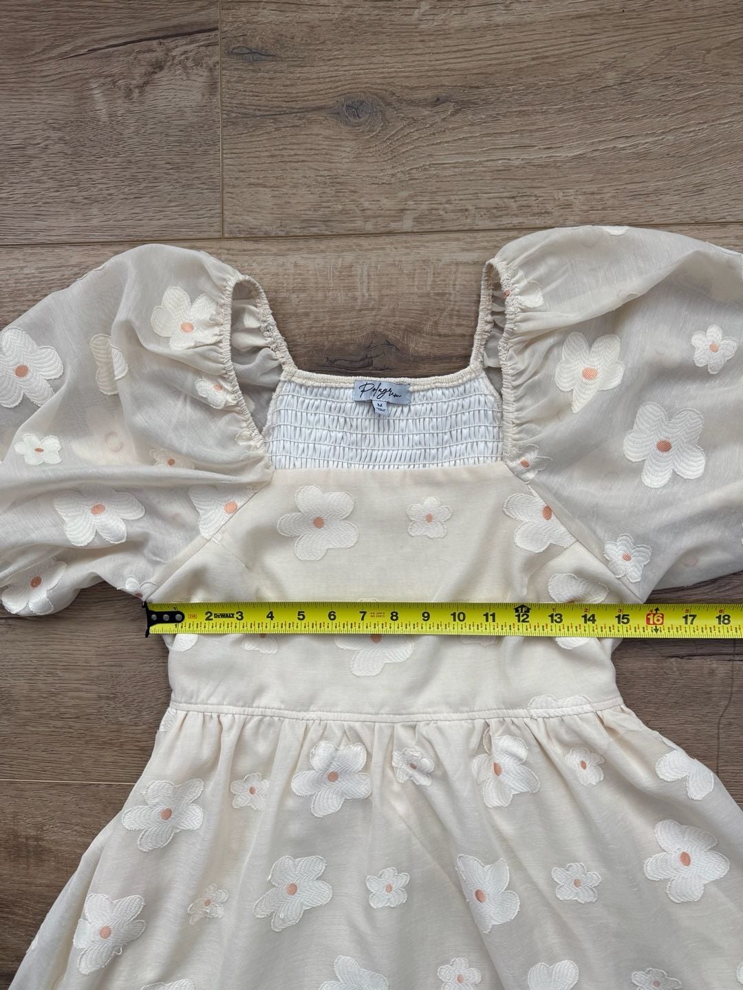 Polagram Cream Embroidered Floral Puff Sleeve Babydoll Dress Size M 10