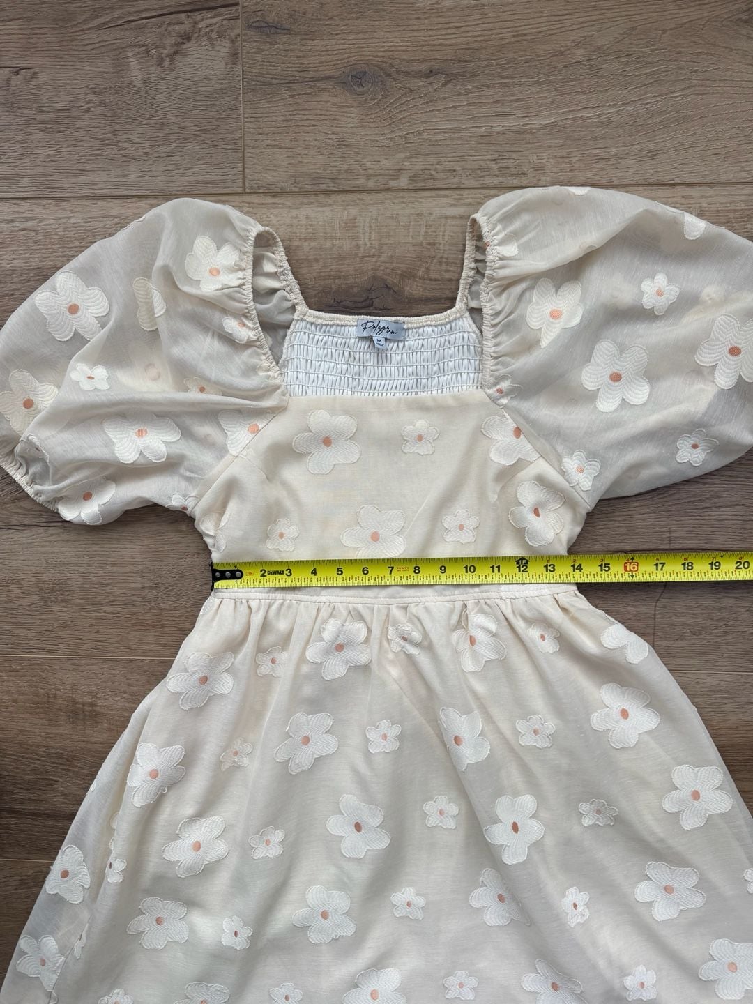 Polagram Cream Embroidered Floral Puff Sleeve Babydoll Dress Size M 11
