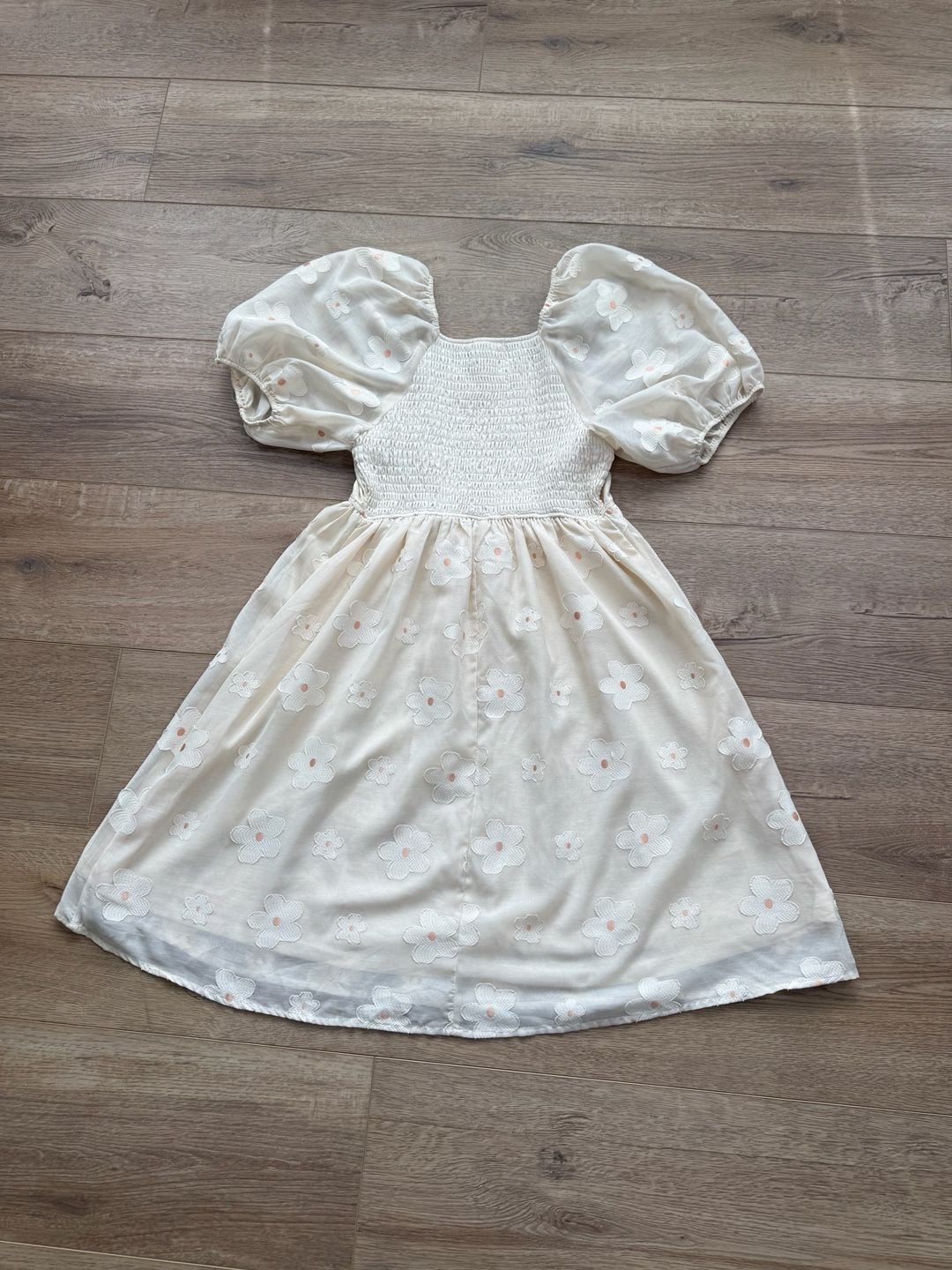 Polagram Cream Embroidered Floral Puff Sleeve Babydoll Dress Size M 12