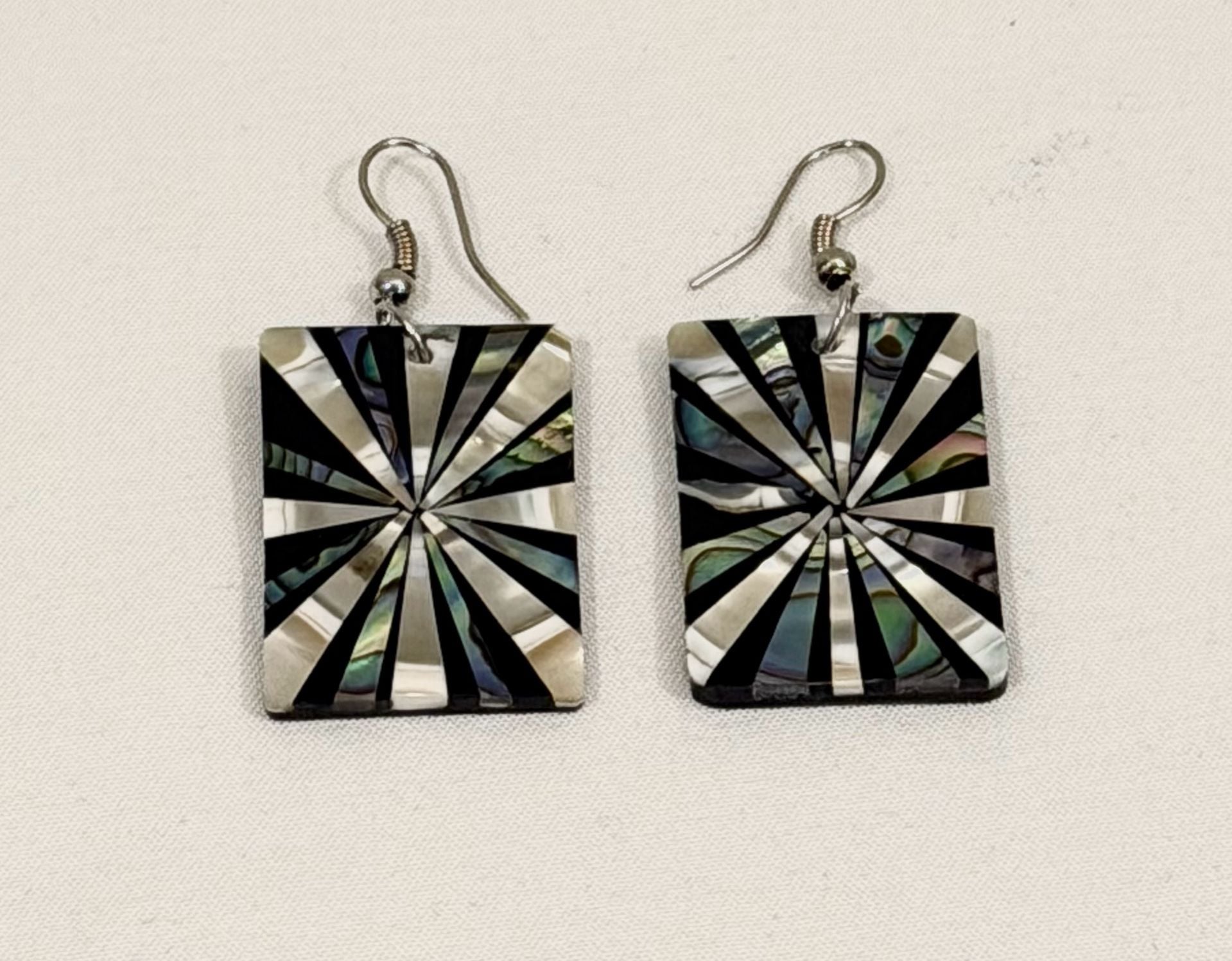 Summery Art Deco Style Abalone Shell and Black Resin Rectangular Dangle Earrings 2