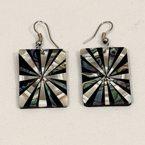 Summery Art Deco Style Abalone Shell and Black Resin Rectangular Dangle Earrings